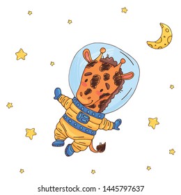 Illustration with cute giraffe cartoon astronaut in space