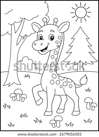 Illustration of a Cute Giraffe Coloring Page for Kids. Happy Cartoon Giraffe Walking in Nature with Trees, Mushrooms, and Sunshine
