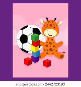 Illustration of cute giraffe playing with cubes and a soccer ball