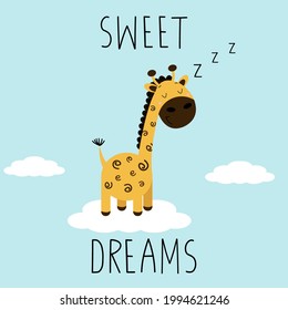 An illustration of a cute giraffe sleeping on a cloud. Sweet dreams concept. Banner, poster, cover, greeting card template.
