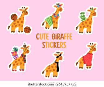 Illustration of cute giraffe stickers on a light pink background.