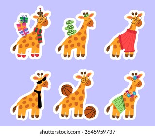 Illustration of cute giraffe stickers on a light blue background.