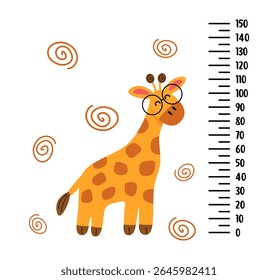 Illustration of a cute giraffe wearing glasses on a height chart from 0 to 150 centimeters on a white background.