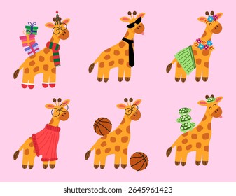 Illustration of cute giraffes on a light pink background.