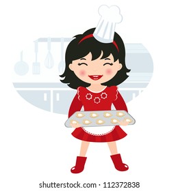 An illustration of a cute girl baking cookies