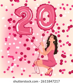 Illustration of cute girl with balloons celebrating birthday on light pink background.