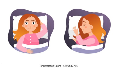 Illustration of a cute girl in the bed. Concept of insomnia and healthy sleep.