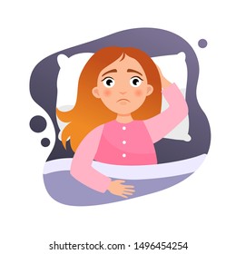 Illustration of a cute girl in the bed. Concept of insomnia.