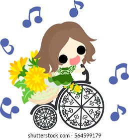 Illustration of a cute girl and a bicycle and dandelion