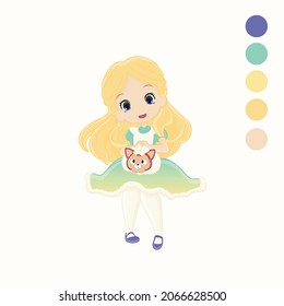 Illustration of a cute girl with blond hair in a blue dress, with a cat in her hands