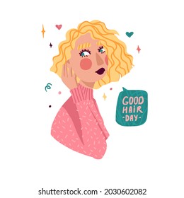 Illustration of cute girl with blondie wavy hair. Embarrassed cute girl. Avatar woman in doodle style. Curly girl method concept. Vector.