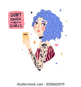 Illustration of cute girl with blue wave hair. Girl make selfie with phone. Banner to Woman with tattoo. Curly girl method concept. Vector.