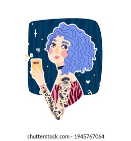 Illustration of cute girl with blue wavy hair. Girl make selfie with phone. Banner to Woman with tattoo and choker. print concept of Informal modern girl. Vector.