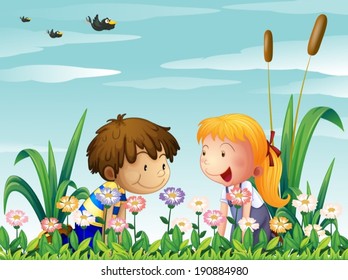 Illustration of a cute girl and a cute boy watching the flowers