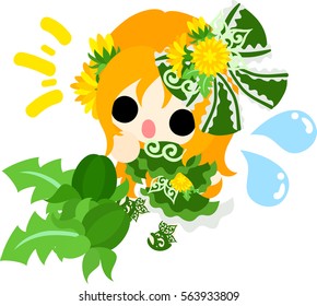 Illustration of a cute girl and bud of dandelion