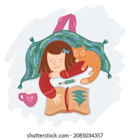 Illustration cute girl with cat and cocoa under blanket