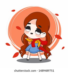 Illustration of Cute Girl Character or Chibi in Autumn Seasons