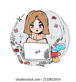 Illustration of a cute girl character working or studing on a laptop at home.