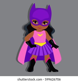 Illustration cute girl in the costume of a superhero. Vector illustration isolated on gray background.