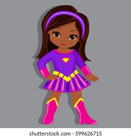 Illustration cute girl in the costume of a superhero. Vector illustration isolated on gray background.