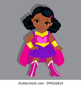 Illustration cute girl in the costume of a superhero. Vector illustration isolated on gray background.