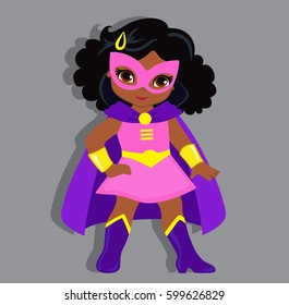 Illustration cute girl in the costume of a superhero. Vector illustration isolated on gray background.