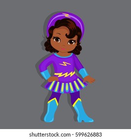 Illustration cute girl in the costume of a superhero. Vector illustration isolated on gray background.