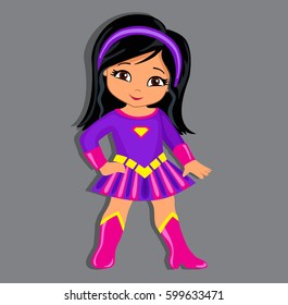 Illustration cute  girl in the costume of a superhero. Vector illustration isolated on gray background.