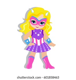 Illustration cute  girl in the costume of a superhero. Vector illustration isolated on white background.