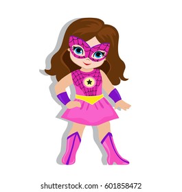 Illustration cute  girl in the costume of a superhero. Vector illustration isolated on white background.