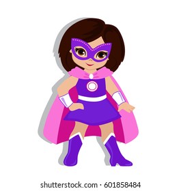 Illustration cute  girl in the costume of a superhero. Vector illustration isolated on white background.