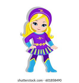 Illustration cute  girl in the costume of a superhero. Vector illustration isolated on white background.