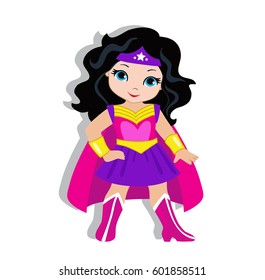 Illustration cute  girl in the costume of a superhero. Vector illustration isolated on white background.