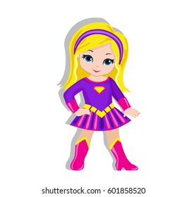 Illustration cute  girl in the costume of a superhero. Vector illustration isolated on white background.