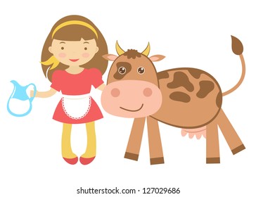 Illustration of Cute girl with cow
