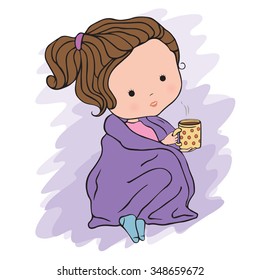 Illustration of a cute girl with a cup of tea sitting in plaid on a white background