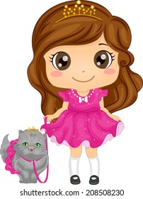 Illustration of a Cute Girl Dressed as a Princess Taking Her Persian Cat for a Walk