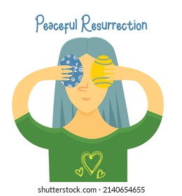 Ilustración con una linda chica con huevos de Pascua. Pascua, paz, ilustración vectorial