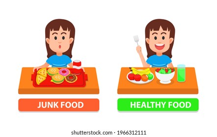 illustration of a cute girl eating junk and healthy food