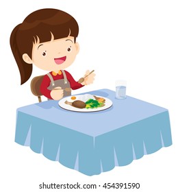 Illustration of a cute girl eating on a white background
