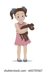 Illustration of a cute girl embracing her pet puppy