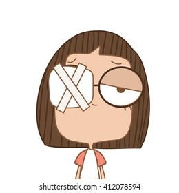 Illustration cute girl in the eye irritated or injured on white background.