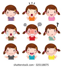 Illustration of cute girl  faces showing different emotions