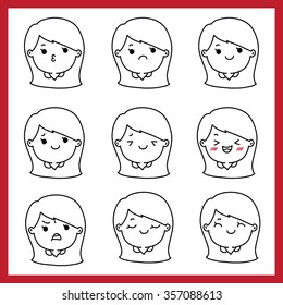 Illustration of cute girl faces showing different emotions