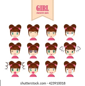 Illustration of cute girl faces showing different emotions.