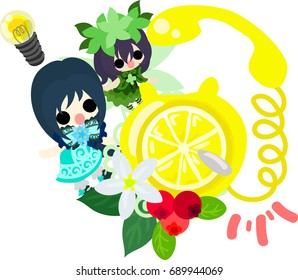 The illustration of a cute girl and a cute fairy and a telephone