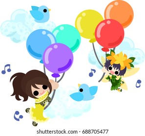 The illustration of a cute girl and a cute fairy who are flying in the sky with balloons