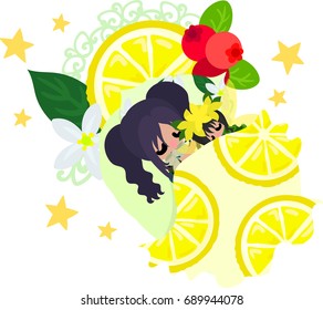 The illustration of a cute girl and a cute fairy who are sleeping