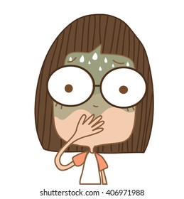 Illustration cute girl feeling nauseous on white background.