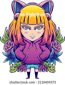 illustration of cute girl with floral ornament